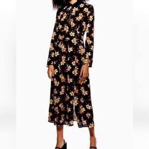 TOPSHOP Women's Black Floral Long Sleeve Midi Dress. Size 4